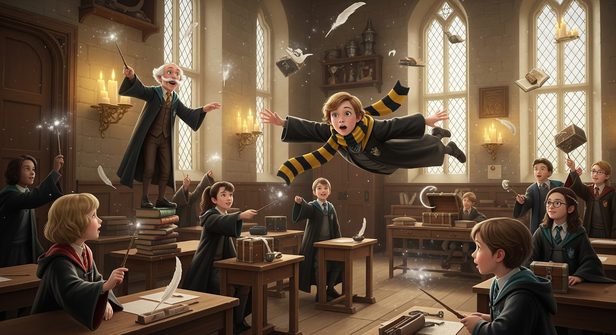 Hogwarts Students attending Charms Class - Year 1–2: levitation, unlocking, basic illumination. One Hufflepuff student floating