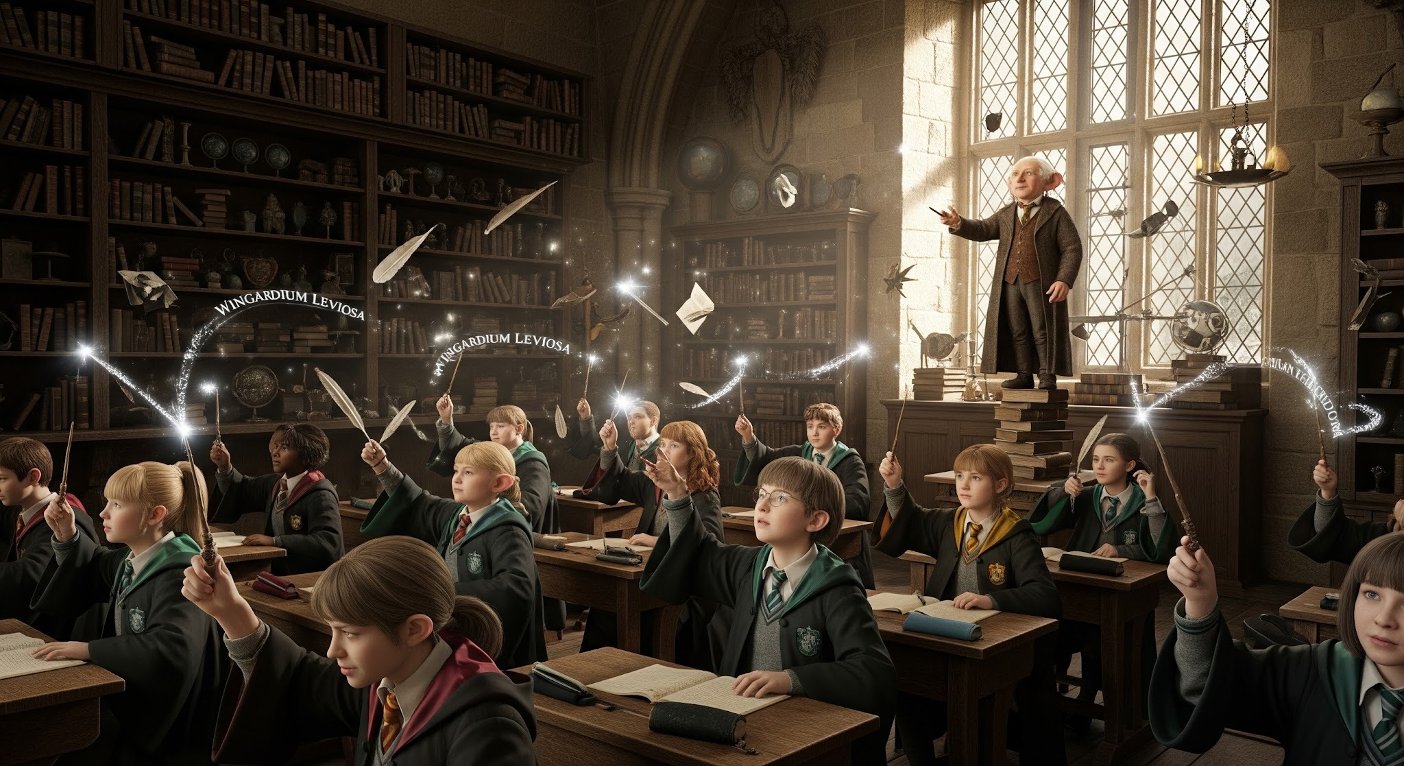 Hogwarts Students attending Charms Class with Role: Flitwick is the Charms Professor and Head of Ravenclaw at Hogwarts School of Witchcraft and Wizardry.  - Year 3–5: summoning, banishing, basic shielding. 