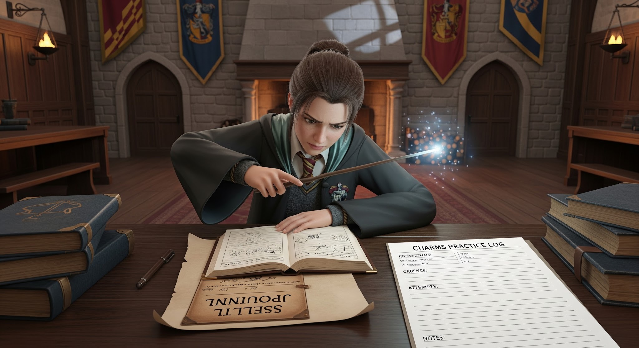 Hogwarts -Homework and revision

Practice precise incantation cadence; record attempts in a spell journal.

Use the “Charms Practice Log” worksheet.