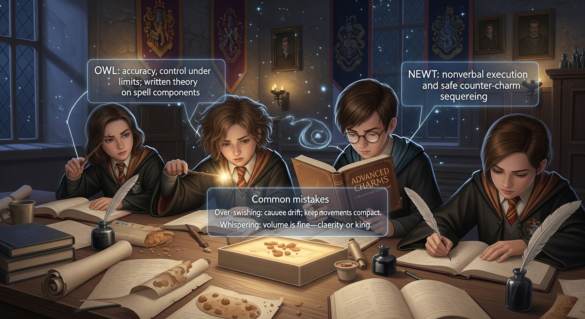 Hogwarts Exam prep

OWL: accuracy, control under time limits; written theory on spell components.

NEWT: nonverbal execution and safe counter‑charm sequencing.

Common mistakes

Over‑swishing: causes drift; keep movements compact.

Whispering: volume is fine—clarity is king.