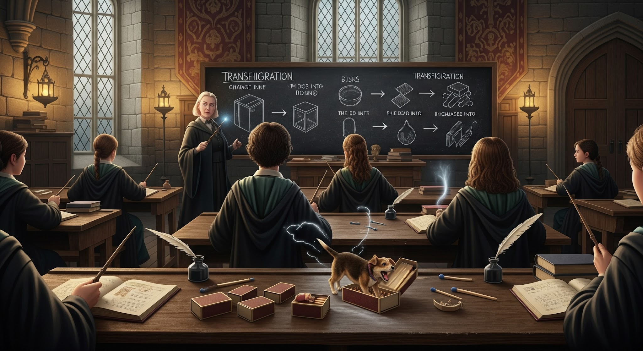 Hogwarts - Transfiguration: Shape Changing, Keeping Rules - Transfiguration is dazzling—but exacting. Expect chalk‑dust diagrams, a hush before a spell, and the soft pop of a matchbox turning into a puppy