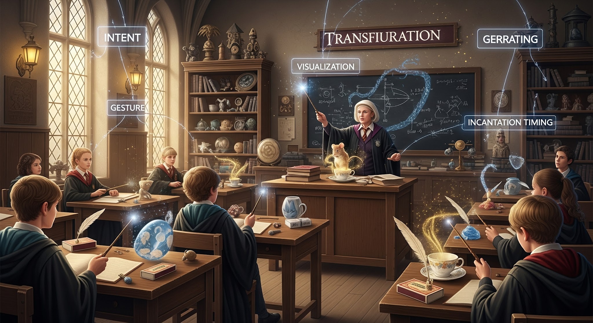 Hogwarts - Transfiguration: Shape Changing, Keeping Rules - Transfiguration is dazzling—but exacting.  Core principles

Intent

Visualization

Gesture

Incantation timing