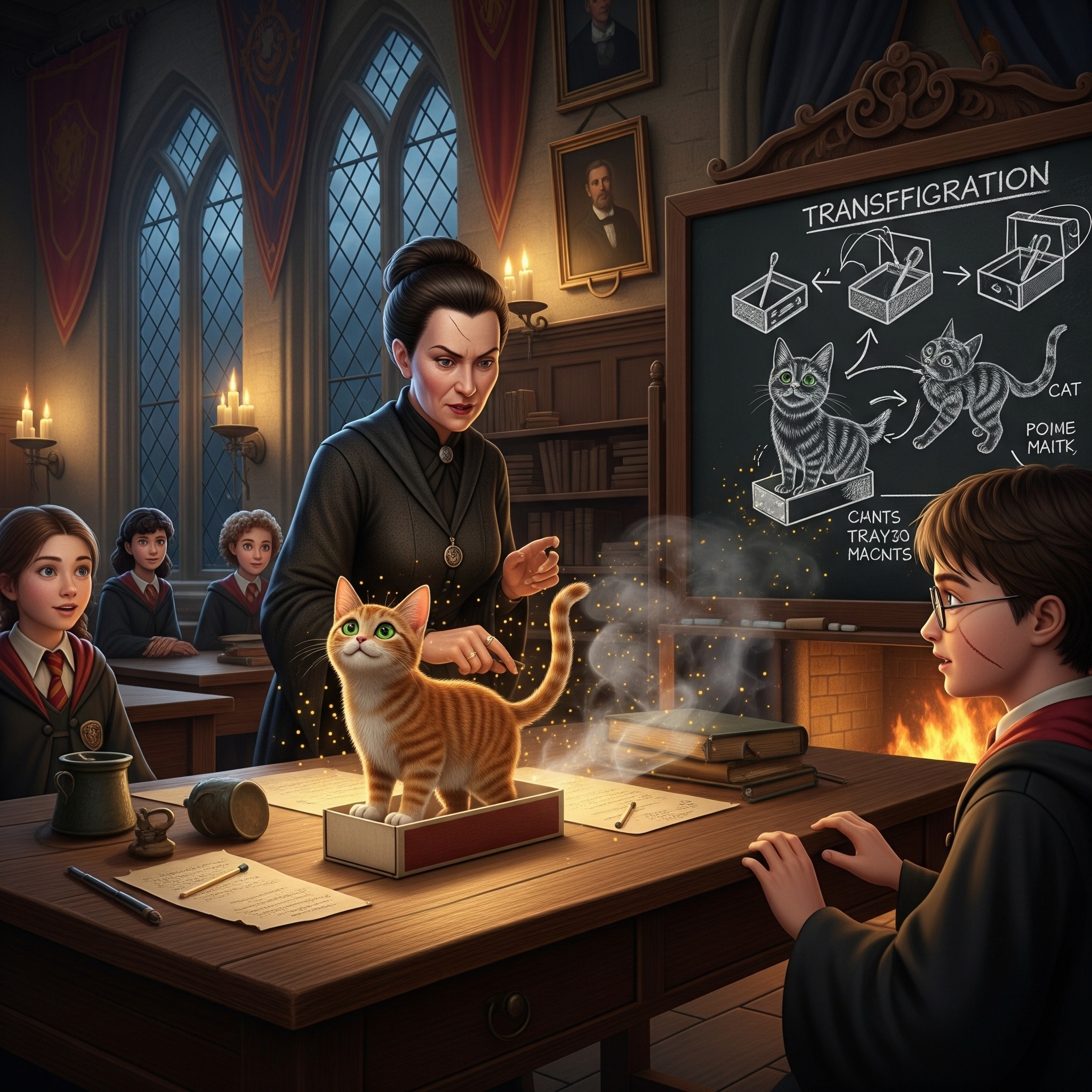 Hogwarts-Harry Potter -Transfiguration - Transfiguration is an enchanting and captivating branch of magic, known for its dazzling effects but requiring great precision and care. When practicing this art, you can expect to see chalk-dust diagrams carefully drawn on the board, a respectful silence falling over the classroom just before a spell is cast, and the gentle pop sound as a simple matchbox transforms seamlessly into a small cat. This magical discipline demands focus, patience, and skill to master the intricate details involved in altering the form and appearance of objects.
