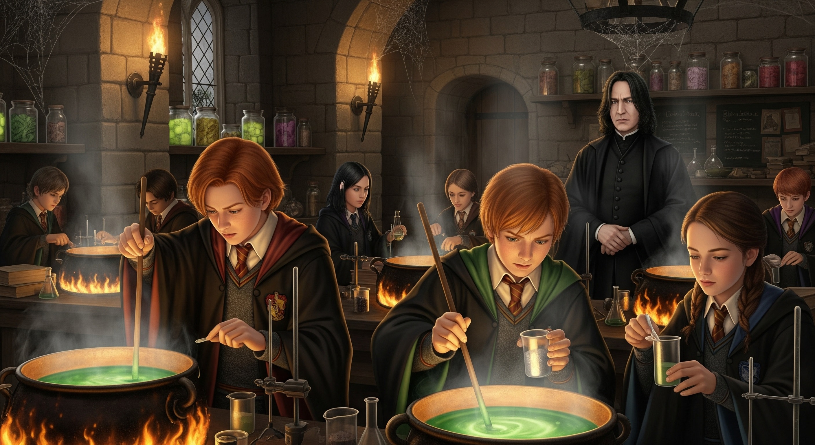 Hogwarts - Potions Class with Beneath the warm and inviting glow of cauldron fires, the study of Potions is a discipline that truly rewards those who exhibit patience, precision, and a steady hand during the stirring process. The atmosphere within the potion classroom is rich with the faint, lingering scents of smoke, a variety of herbs, and the unmistakable aroma of success and victory that comes from mastering the craft.
