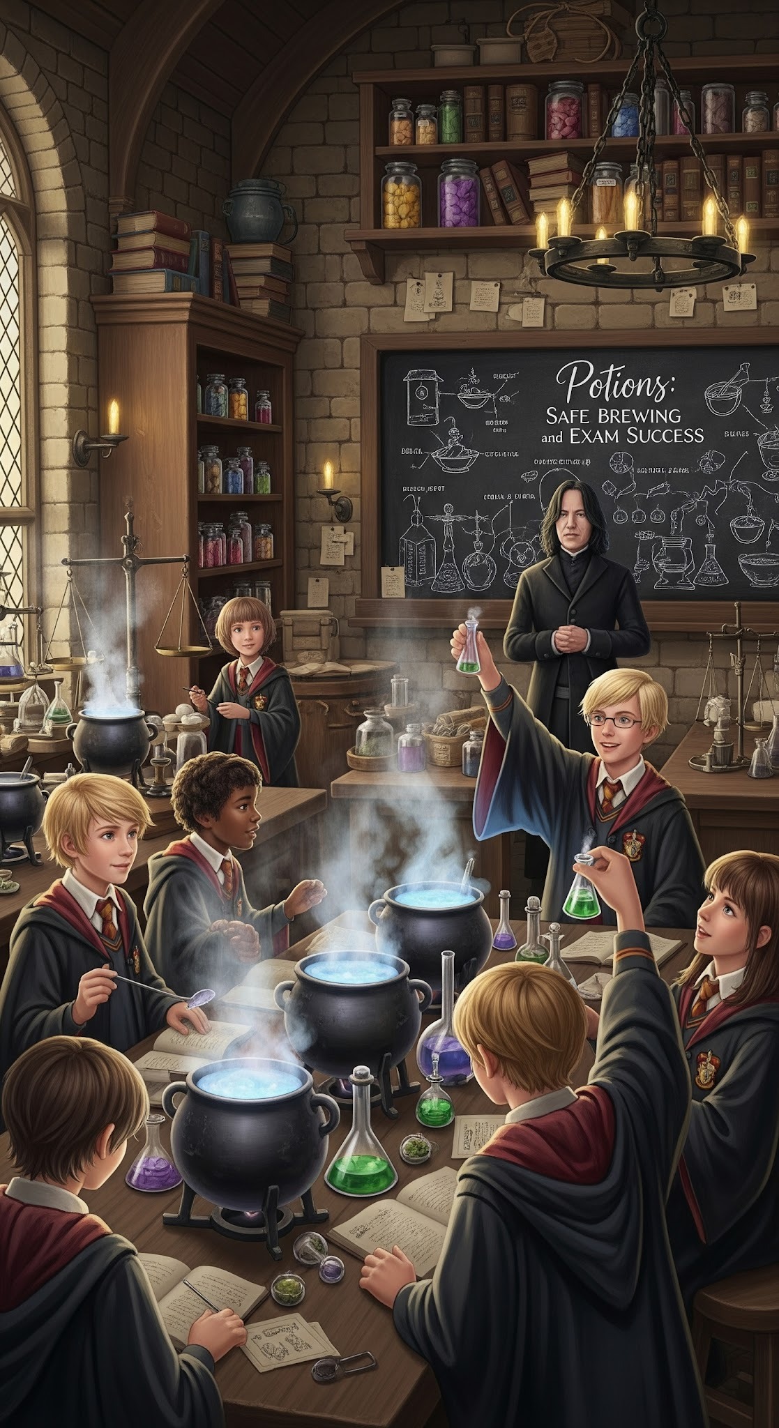 Hogwarts - Potions: Safe Brewing and Exam Success

Summary Beneath the warm glow of cauldron fires, Potions rewards patience, precision, and a steady stir. The room smells faintly of smoke, herbs, and victory.