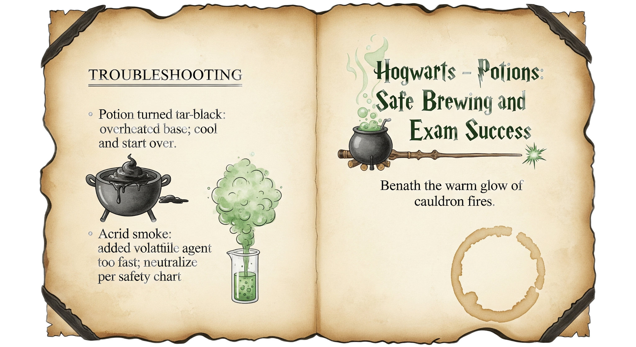 Hogwarts - Potions: Safe Brewing and Exam Success

Summary Beneath the warm glow of cauldron fires. Troubleshooting
Potion turned tar‑black: overheated base; cool and start over.
Acrid smoke: added volatile agent too fast; neutralize per safety chart.