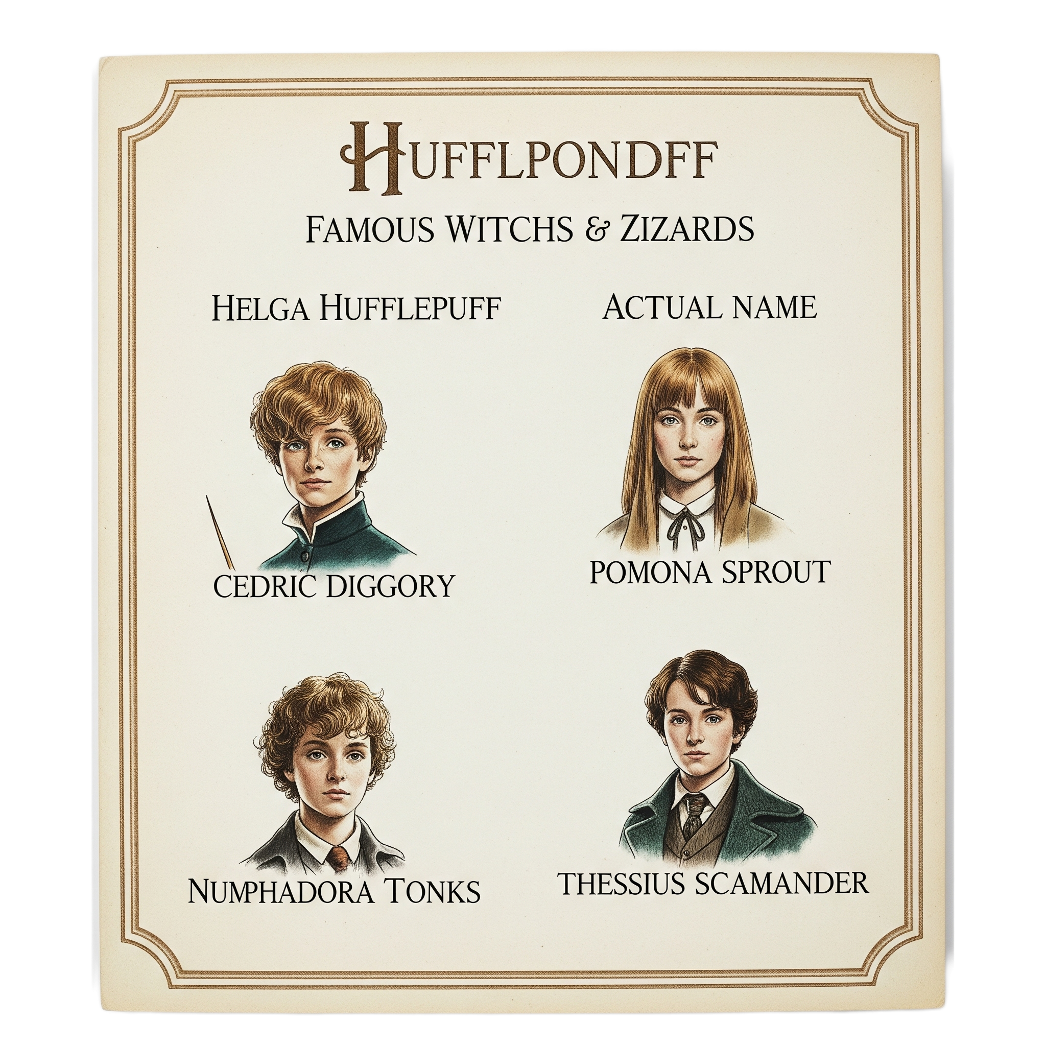 Hufflpluff Famous Witches & Wizards - Helga Hufflepuff - actual name. Newt Scammander - Actual Name. Cedric Diggory - Actual Name. Pomona Sprout - Actual Name. Numphadora Tonks - Actual Name. Thesius Scamander - Actual Name