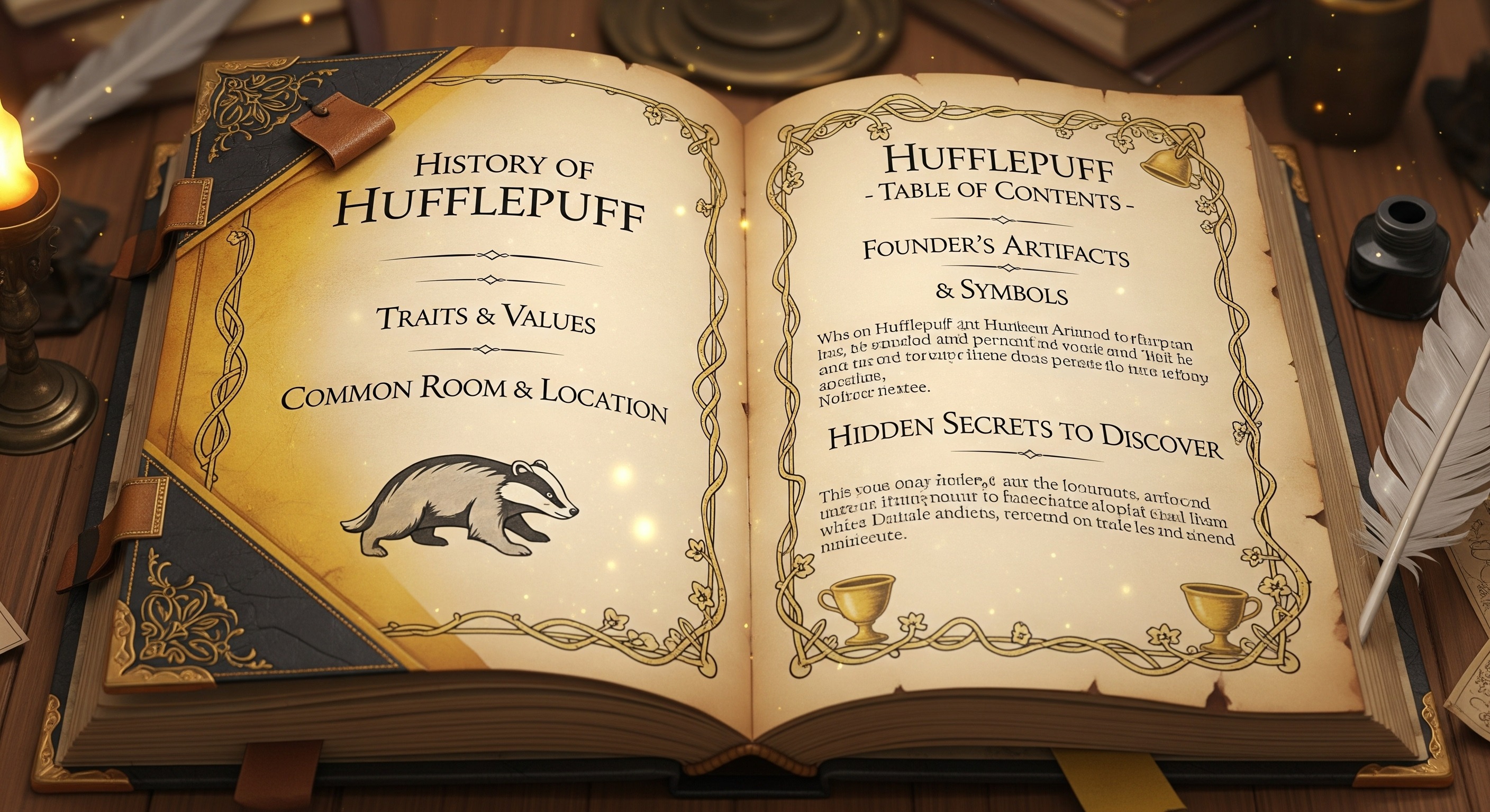 Create images based on Hufflepuff - Table of Contents

History of Hufflepuff

Traits & Values

Common Room & Location

Founder’s Artifacts & Symbols

Hidden Secrets to Discover
