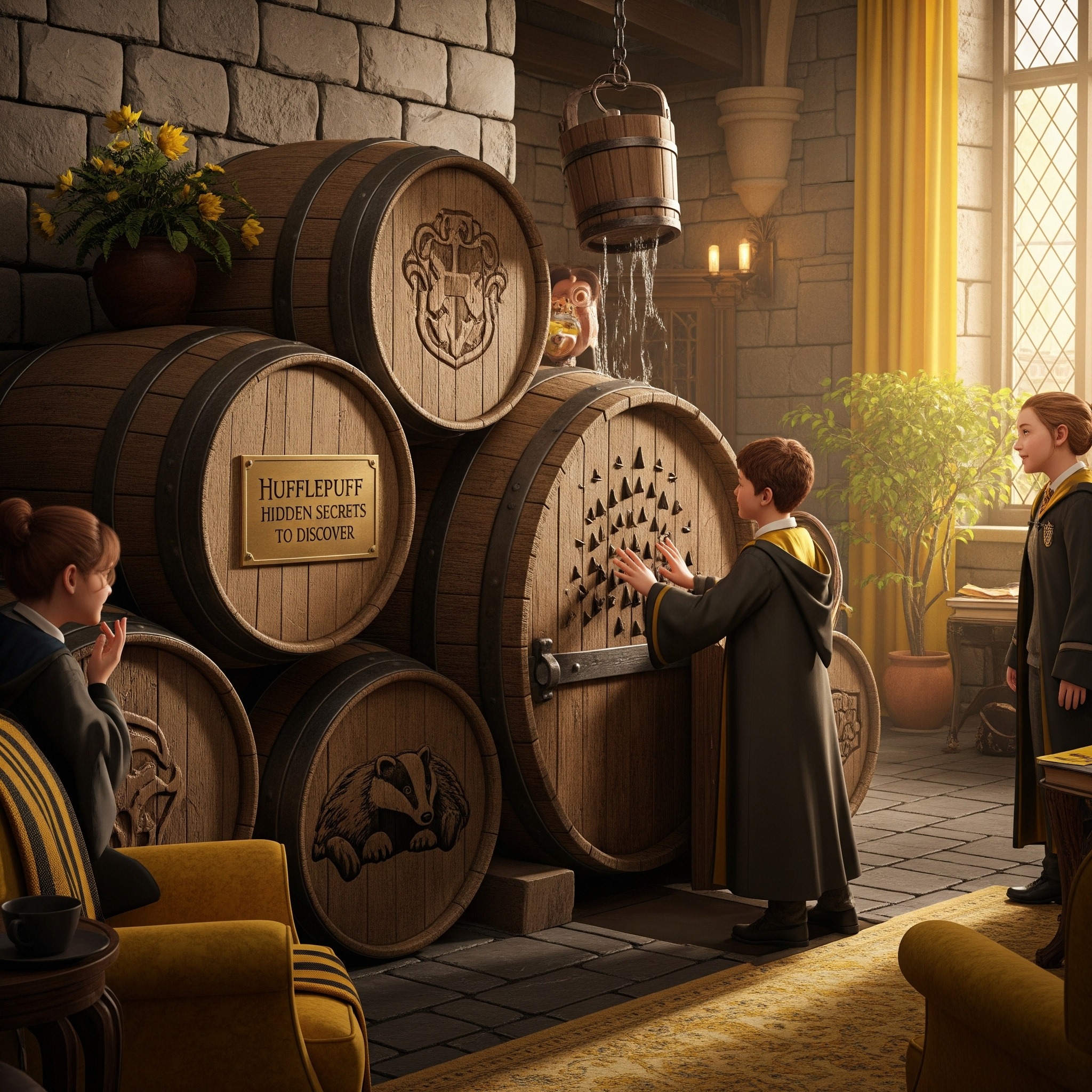 Hufflpluff - Hidden Secrets to Discover

The Barrel Rhythm: The entrance uses a tapping pattern—get it wrong and a safety drench awaits. Learn the proper rhythm.