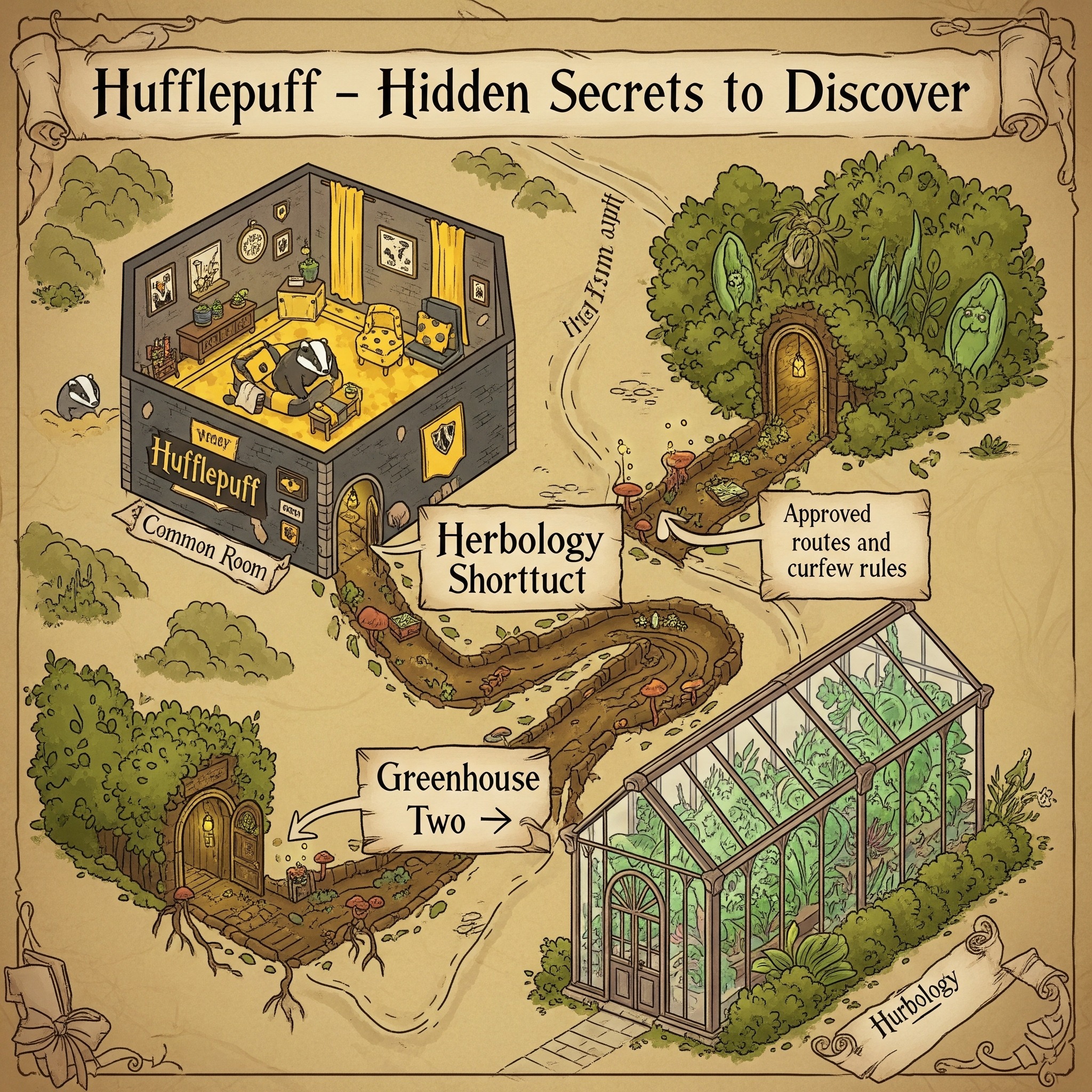 Hufflpluff - Hidden Secrets to Discover

Herbology Shortcut: A low passage near the common room leads directly to Greenhouse Two. Approved routes and curfew rules.