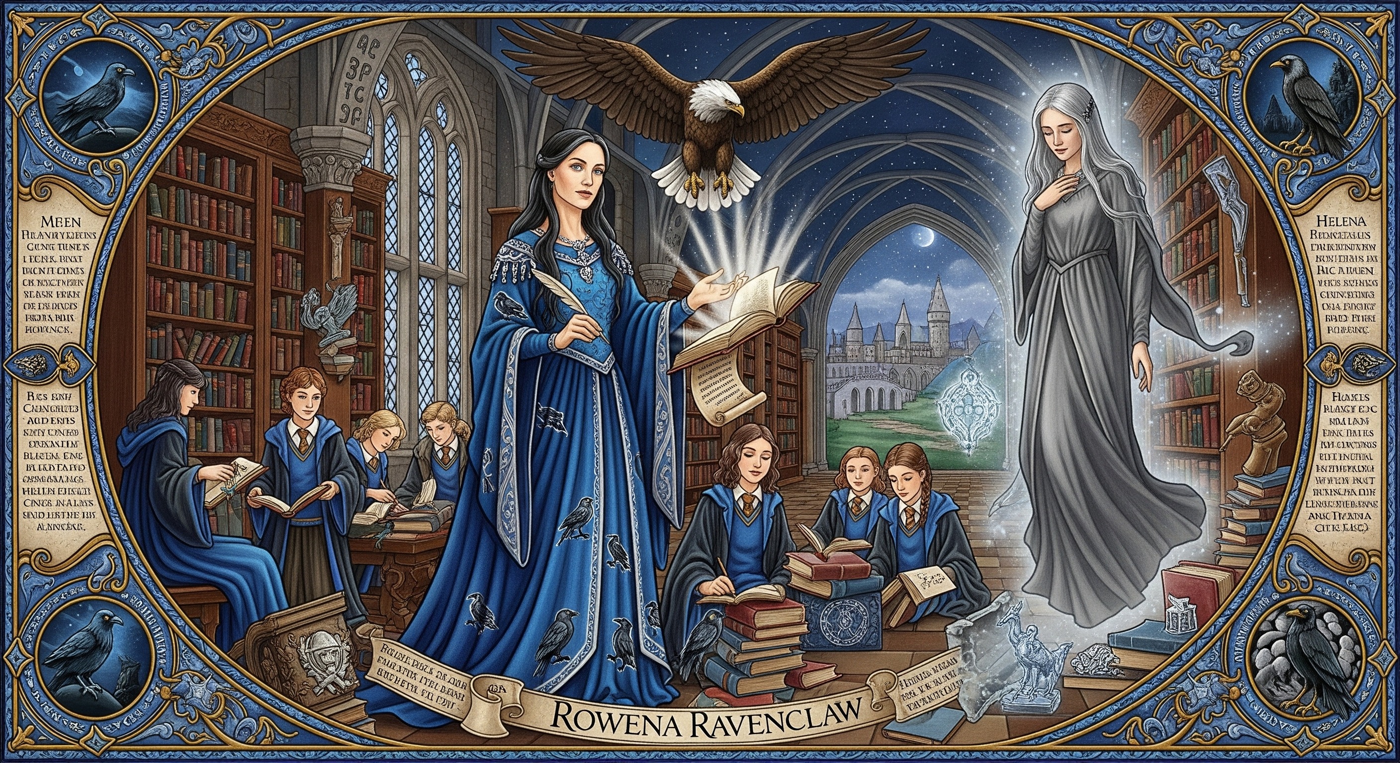 History of Ravenclaw

Rowena Ravenclaw founded the House to elevate wisdom and creativity. Her daughter, Helena, is remembered as the Grey Lady—an enigmatic guide to those who listen carefully.