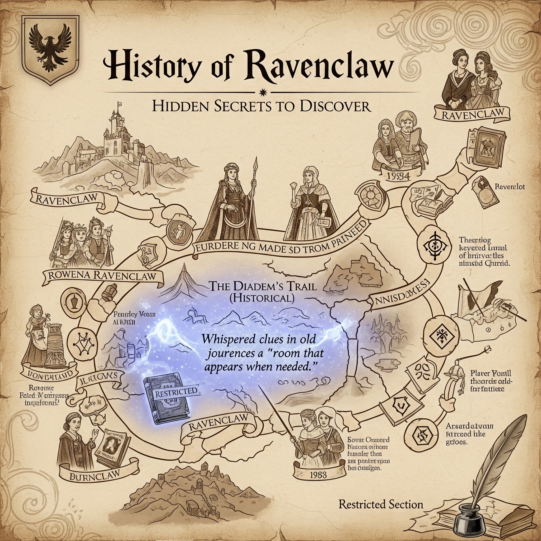 History of Ravenclaw
Hidden Secrets to Discover

The Diadem’s Trail (Historical): Whispered clues in old journals reference a “room that appears when needed.” Research guidelines (Restricted Section).
