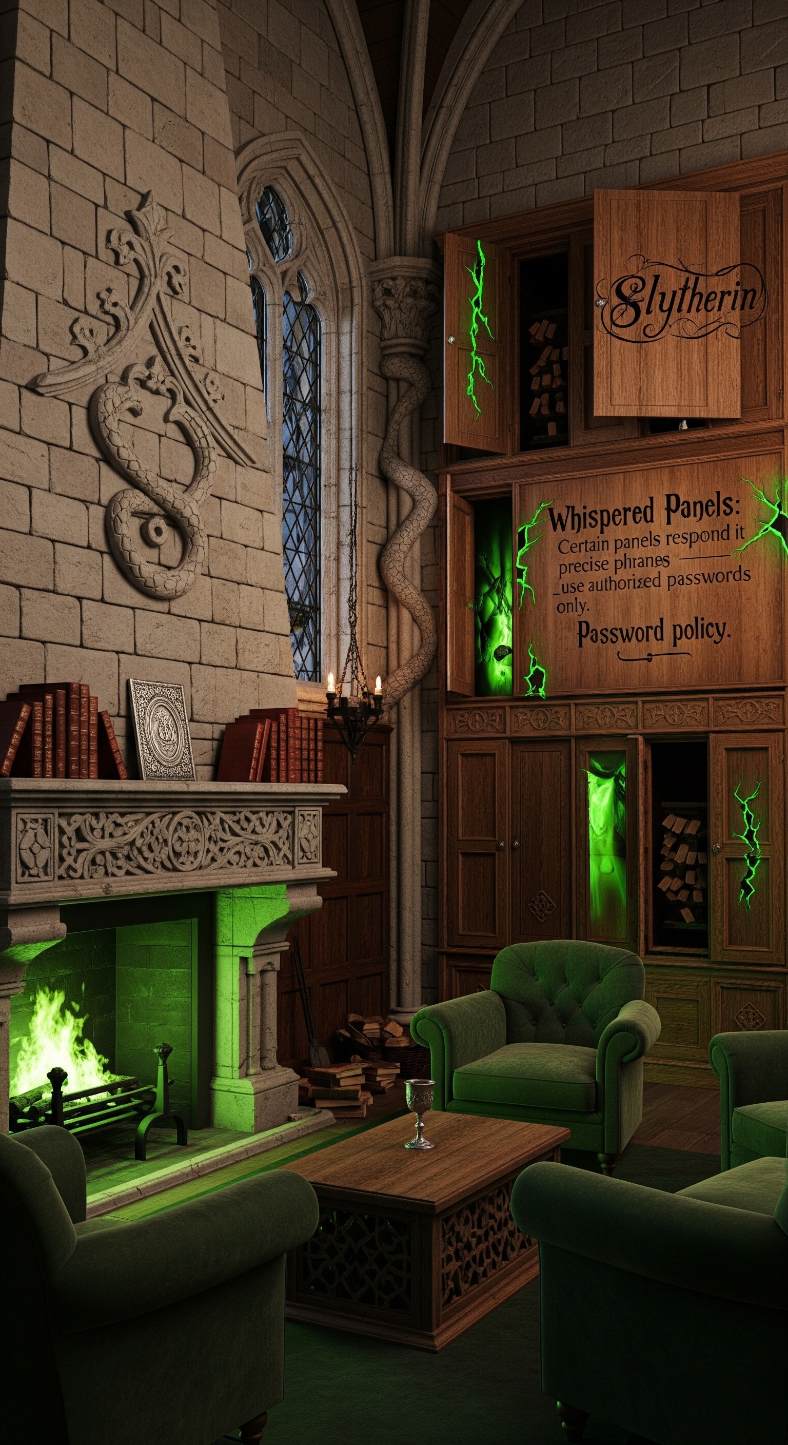 Slytherin House 🐍

Hidden Secrets to Discover

Whispered Panels: Certain panels respond to precise phrasing—use authorized passwords only. Password policy.