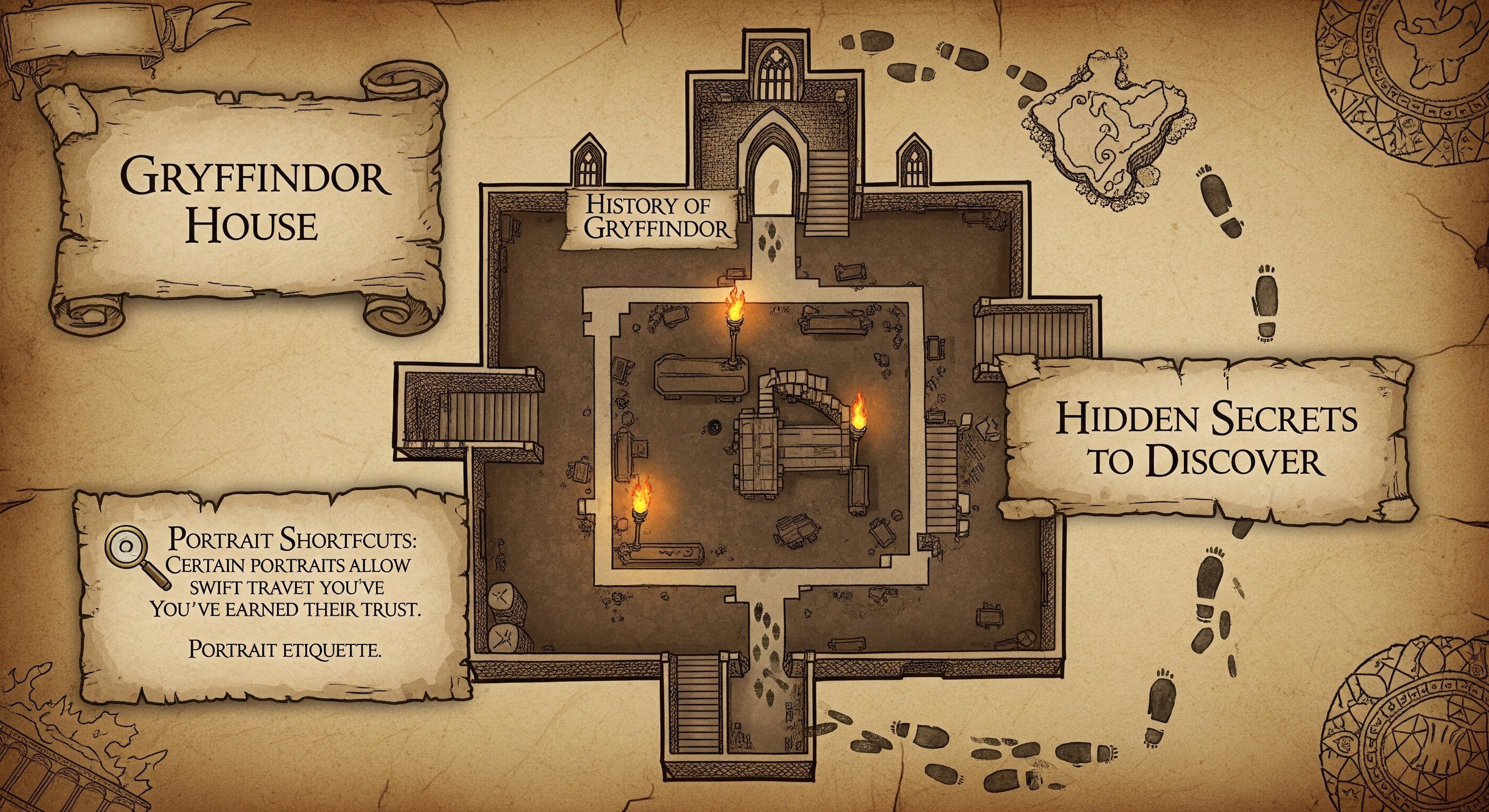 Gryffindor House 
History of Gryffindor
Hidden Secrets to Discover

Portrait Shortcuts: Certain portraits allow swift travel when you’ve earned their trust. Portrait etiquette.