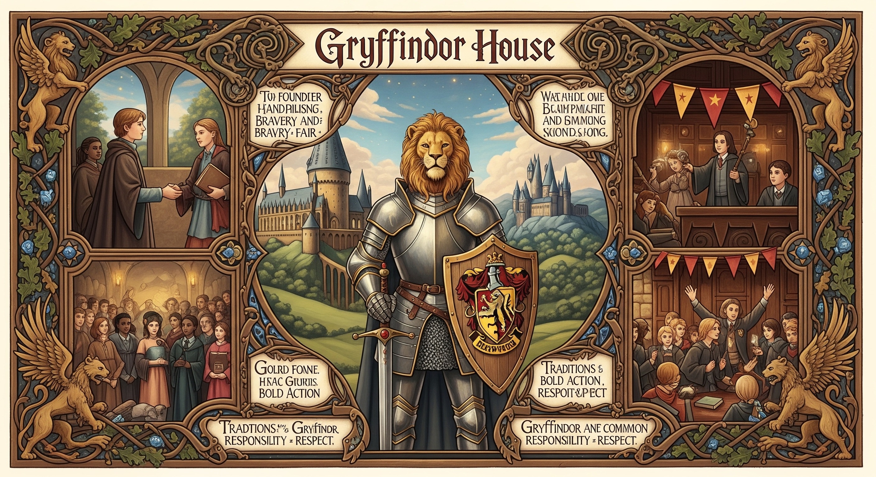 Gryffindor House 
History of Gryffindor

Godric Gryffindor championed bravery and fairness, welcoming students for the strength of their character. House traditions celebrate bold action paired with responsibility and respect.