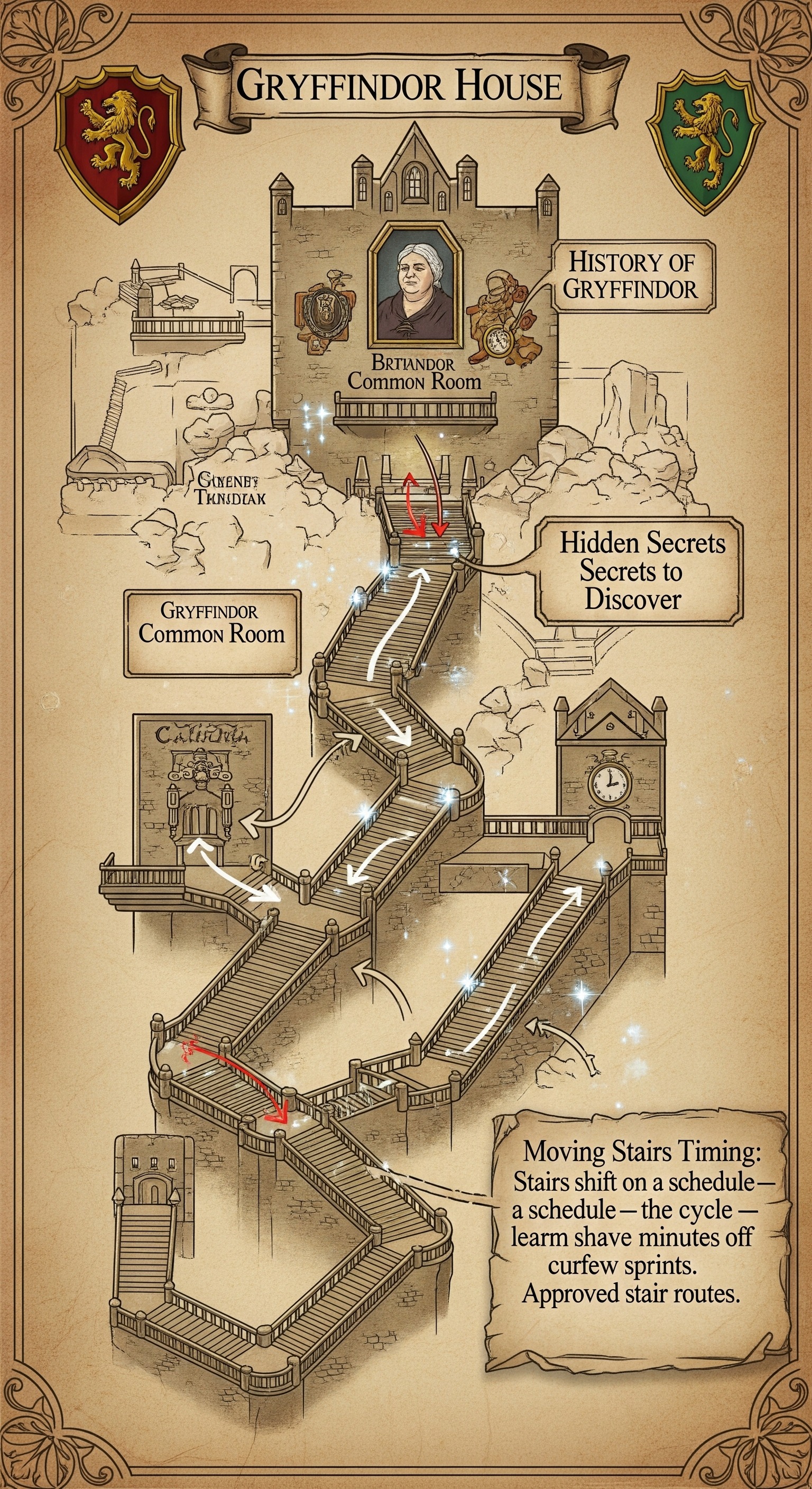 Gryffindor House 
History of Gryffindor
Hidden Secrets to Discover

Moving Stairs Timing: Stairs shift on a schedule—learn the cycle to shave minutes off curfew sprints. Approved stair routes.
